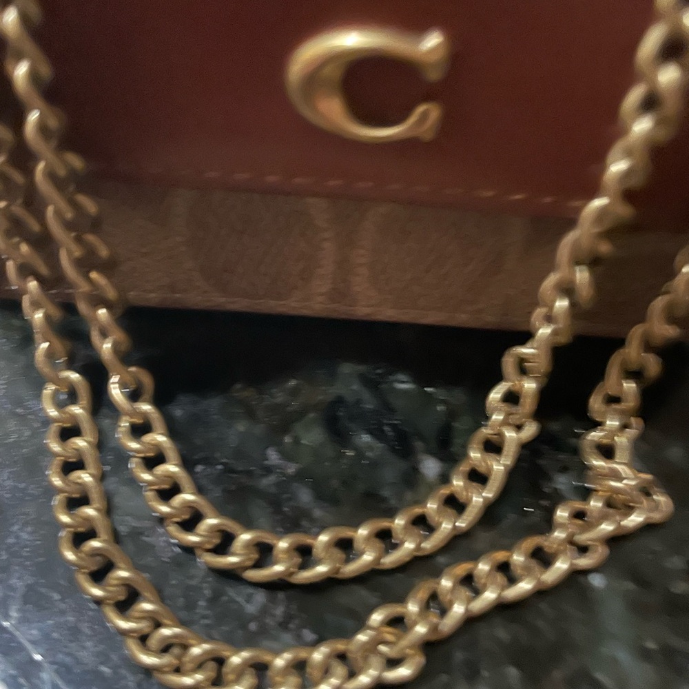 NWOT with a box Coach Brown Leather Mini Bag with original Coach gold chain. - Picture 8 of 14